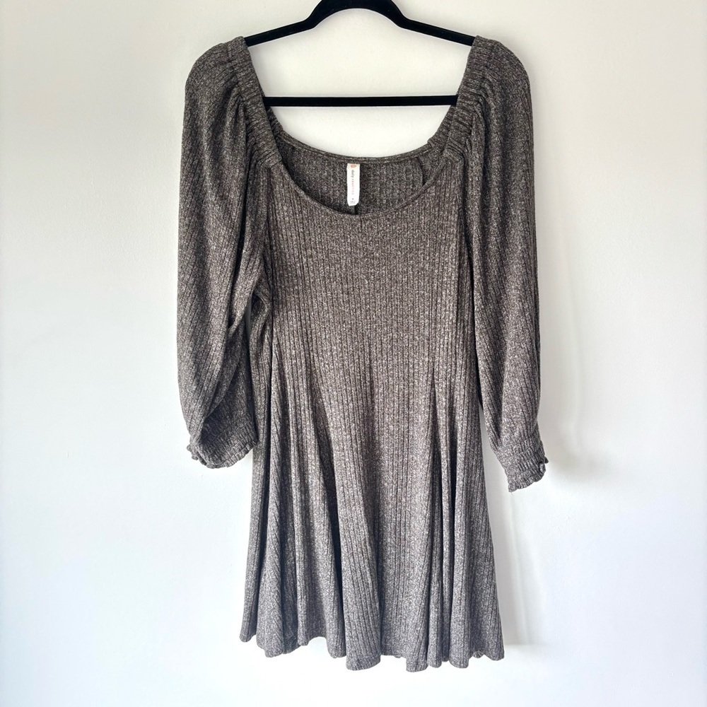 Anthropologie Daily Practice Ribbed Grey Mini Sweater Dress Puff Sleeves Boho - Picture 2 of 11